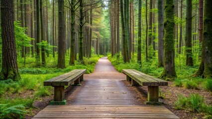 Fototapeta premium Symmetrical wooden footpath and bench in forest
