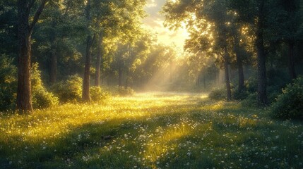Fototapeta premium Serene forest landscape bathed in warm sunlight and wildflowers.