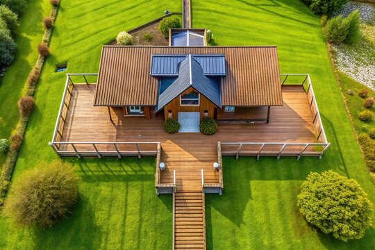 Symmetrical wooden house with walkway and grassy area
