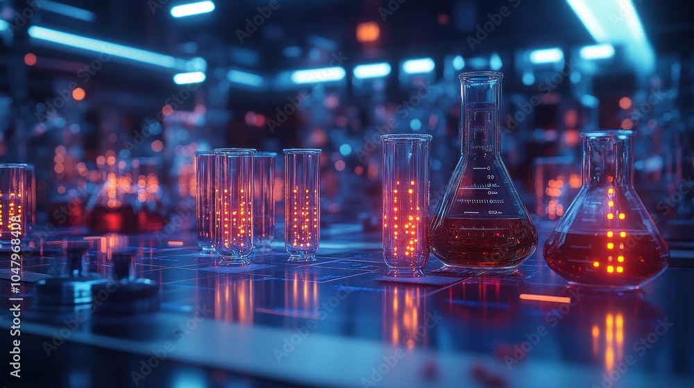 Poster laboratory setting with glowing beakers and flasks.