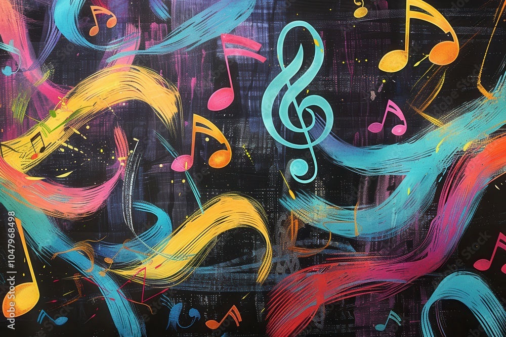 Poster colorful brushstrokes intertwine with musical notes on a chalkboard, creating a lively and artistic 