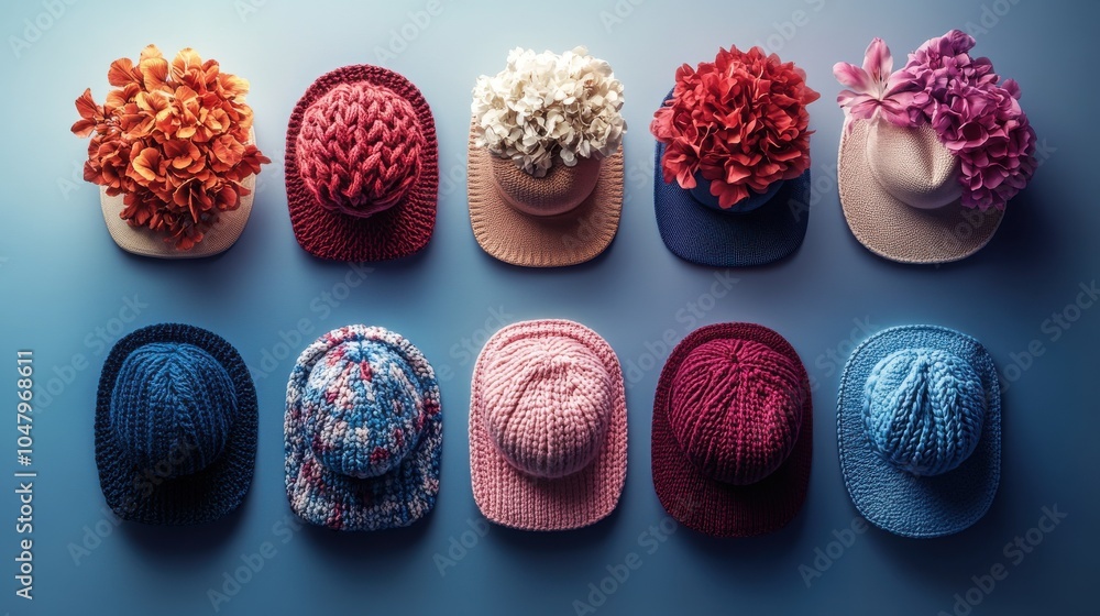 Poster a row of knitted hats with flowers on them. generative ai