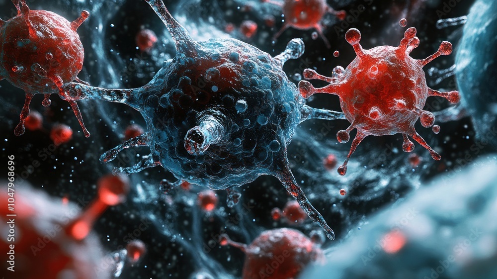 Poster close-up view of virus-like structures in a digital environment.