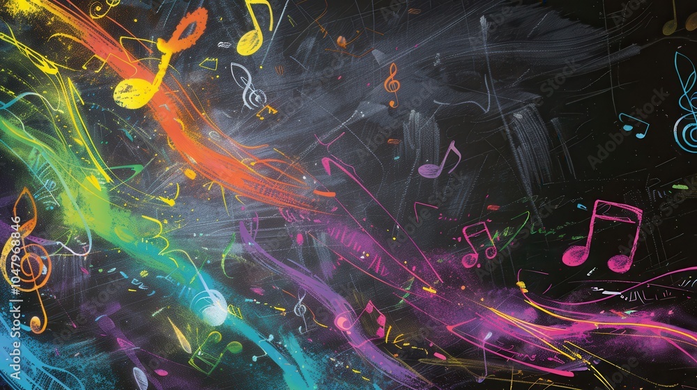 Aufkleber a chalkboard showcases a dynamic display of colorful brushstrokes mixed with musical notes, reflecti