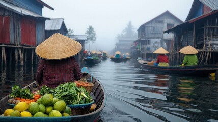 Obraz premium A serene market scene on a misty waterway, featuring colorful boats laden with fresh fruits and vegetables near stilted houses.