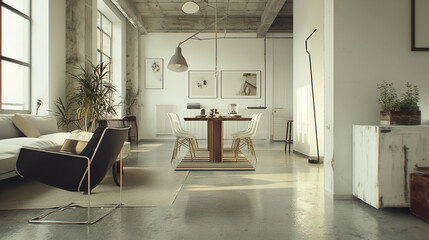 Sleek open-plan living room with white walls, polished concrete floors, and a minimalist dining area, highlighted by an oversized, statement floor lamp.