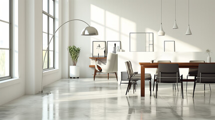 Fototapeta premium Sleek open-plan living room with white walls, polished concrete floors, and a minimalist dining area, highlighted by an oversized, statement floor lamp.