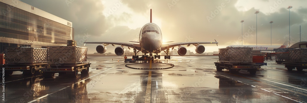 Poster a cargo airplane parks on a wet runway while loading and unloading equipment around it during a beau