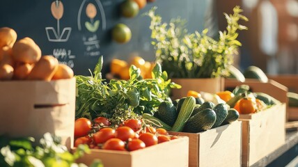 A vegan food market stall with a variety of colorful, fresh produce, plant-based economy, sustainable diet