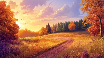 Autumnal Pathway to a Golden Sunset