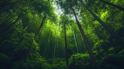 Obraz premium A forest with tall trees and a lot of green foliage