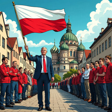 man waving polish flag against sejm background