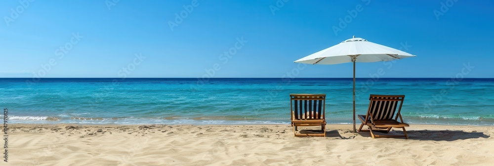 Poster two wooden lounge chairs under parasol umbrellas await visitors on a sunny, empty beach with gentle 