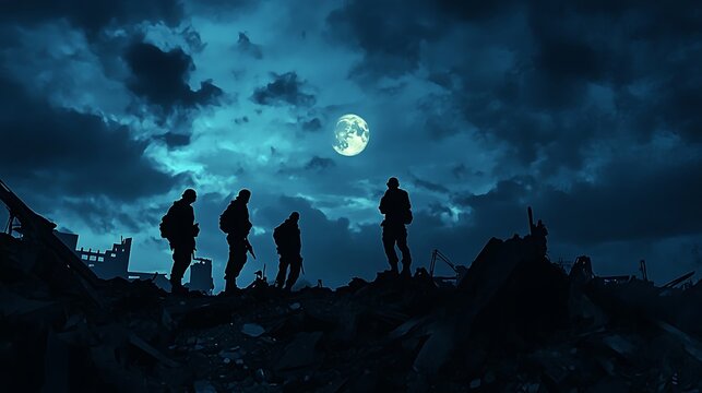 Silhouettes of Soldiers Under Full Moon in WarTorn City