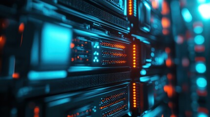 Server Rack with Blue and Orange Lights