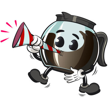 recommend clip art: cool glass coffee pot cartoon mascot character vector illustration blowing party trumpet, work of hand drawn