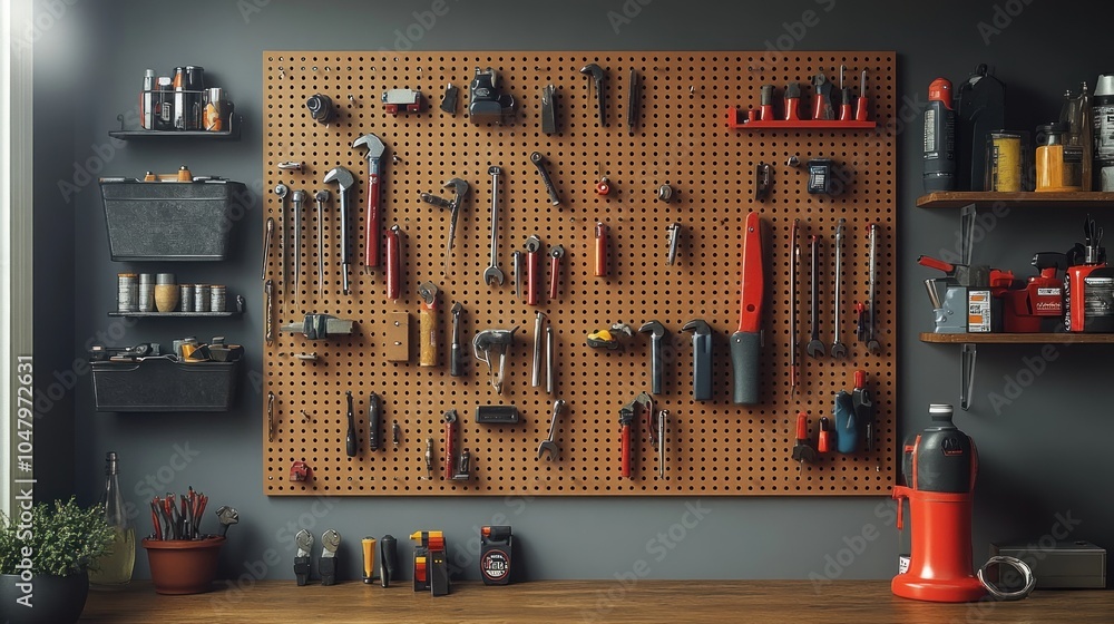 Poster organized tools on a pegboard for efficient workspace use.