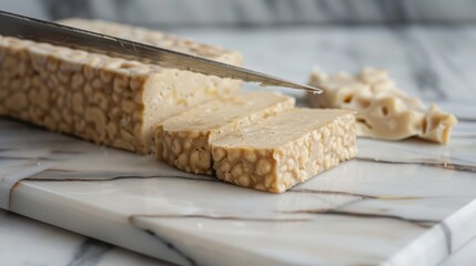 Sliced Tempeh with Knife on Marble Cutting Board