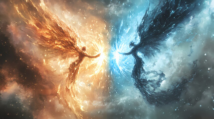 Fototapeta premium Fantasy depiction of two opposing celestial beings, one of light and the other of darkness, locked in an eternal battle, symbolizing cosmic dualism. Cosmic Battle. Illustration
