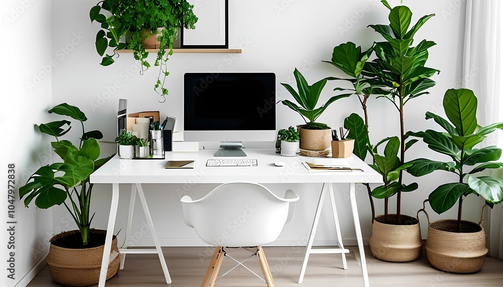 Poster a serene workspace embracing nature and minimalism with lush greenery and modern design elements for
