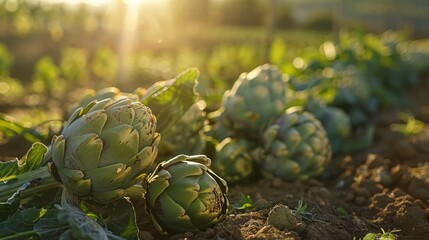 Obraz premium Close-up of Artichokes Growing in a Field at Sunset