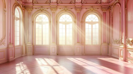 Naklejka premium Sunlit Pink and Gold Ornate Room with Arched Windows