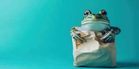Curious Frog in a Mini Shopping Bag on Teal Background