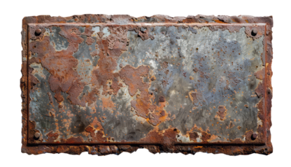 A large rectangular metal sign with rusted edges, Empty background, top view.