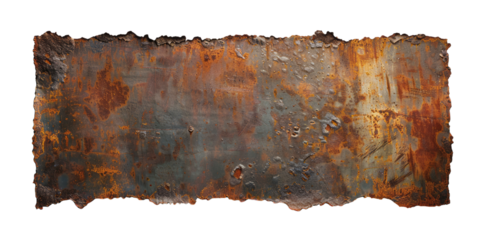 A large rectangular metal sign with rusted edges and wear marks, isolated on a Empty background.