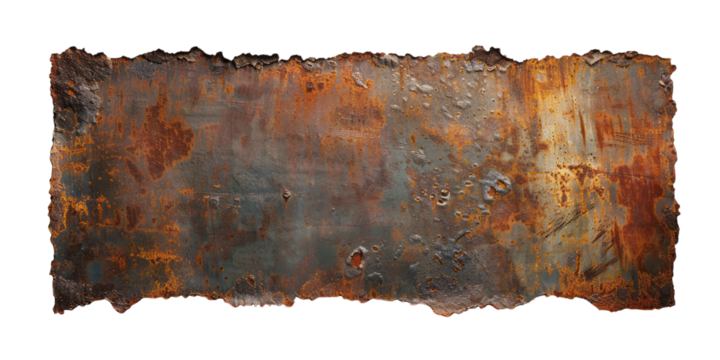 A large rectangular metal sign with rusted edges and wear marks, isolated on a Empty background.