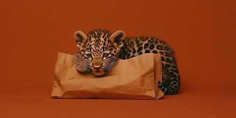 Cozy Leopard Cub Resting in Shopping Bag on Dark Orange Background
