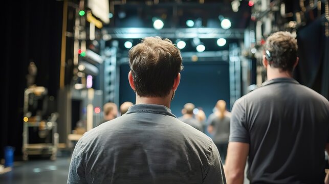 behind in a similar stage environment, emphasizing the technical and preparatory aspects of a performance.