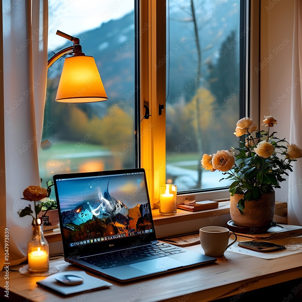 Poster a cozy workspace with a scenic view blending nature and productivity in a tranquil environment