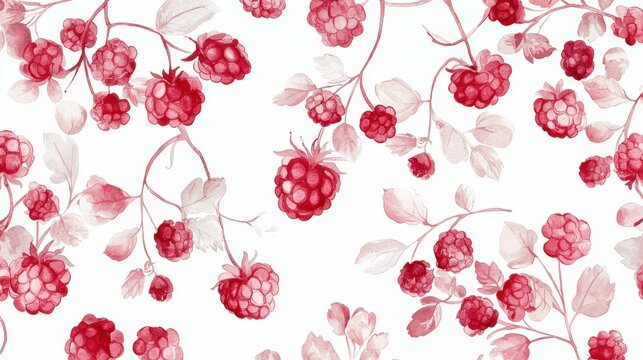 A beautiful watercolor pattern featuring vibrant red raspberries and delicate leaves on a soft white background.
