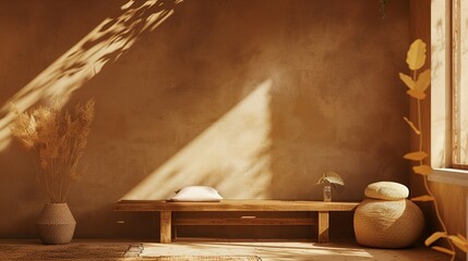 Warmth and Style: Cozy Interior Featuring Wooden Furnishings and Empty Wall Mockup in Bohemian Design