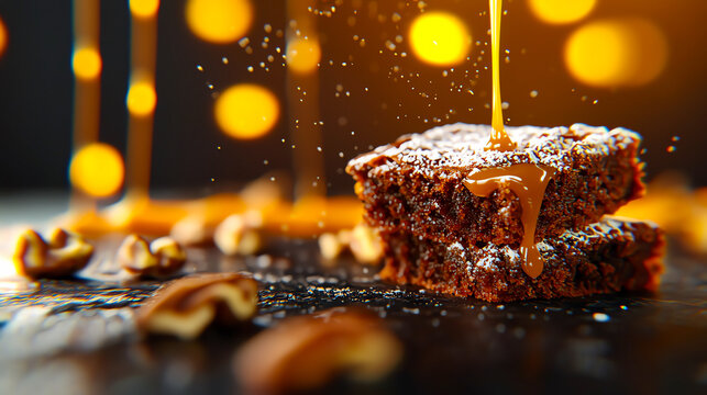 Delicious chocolate brownies drizzled with caramel, surrounded by walnuts, with a bokeh light background.