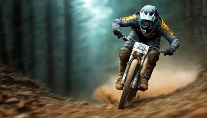 An exhilarating image capturing a downhill mountain biker navigating through a rugged forest trail