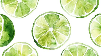 A vibrant watercolor illustration of fresh lime slices, perfect for food, drink, or summer-themed designs.