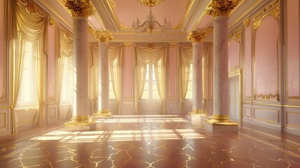 Fototapeta premium Sunlit Interior of a Grand Hall with Gold Trim and Pale Pink Walls