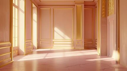 Sunlit Interior with Gold-Accented Walls and Pink Floor