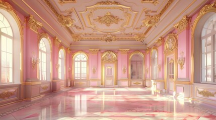 Fototapeta premium A pink and gold grand ballroom with large windows and ornate detailing
