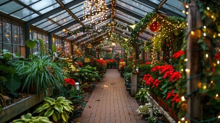 Festive Greenhouse Pathway with Red Flowers and Christmas Lights