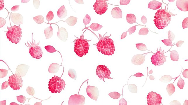 Elegant watercolor pattern featuring vibrant raspberries and delicate leaves on a clean white background.