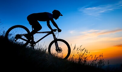 Obraz premium A silhouette of a mountain biker riding uphill against a colorful sunset.