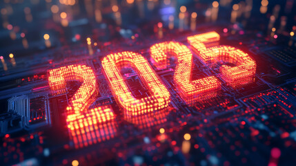 Happy new year 2025 number on electronic circuit board technology wallpaper, 3D cyberpunk orange purple blue neon lights background banner template