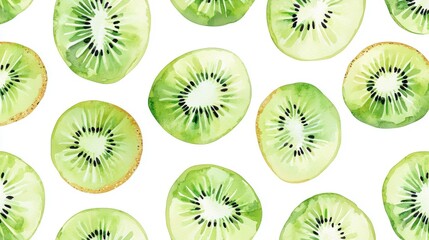 Fototapeta premium Vibrant kiwi slices displayed against a clean white background, ideal for fresh and healthy food concepts.