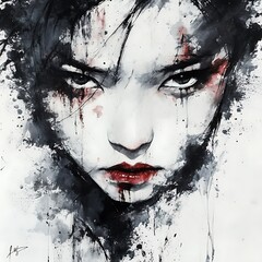 Dramatic Watercolor Portrait of a Woman with Intense Expression.