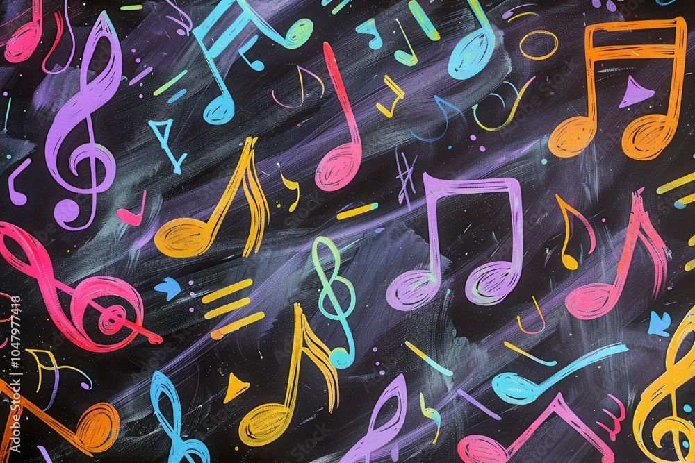 Aufkleber a vibrant chalkboard displays colorful brushstrokes combined with various musical notes and symbols,