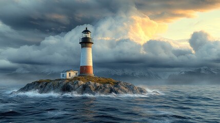 Obraz premium A serene lighthouse stands on a rocky island amidst dramatic clouds.
