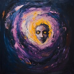 Abstract Oil Painting of a Face Emerging from a Swirling Vortex.